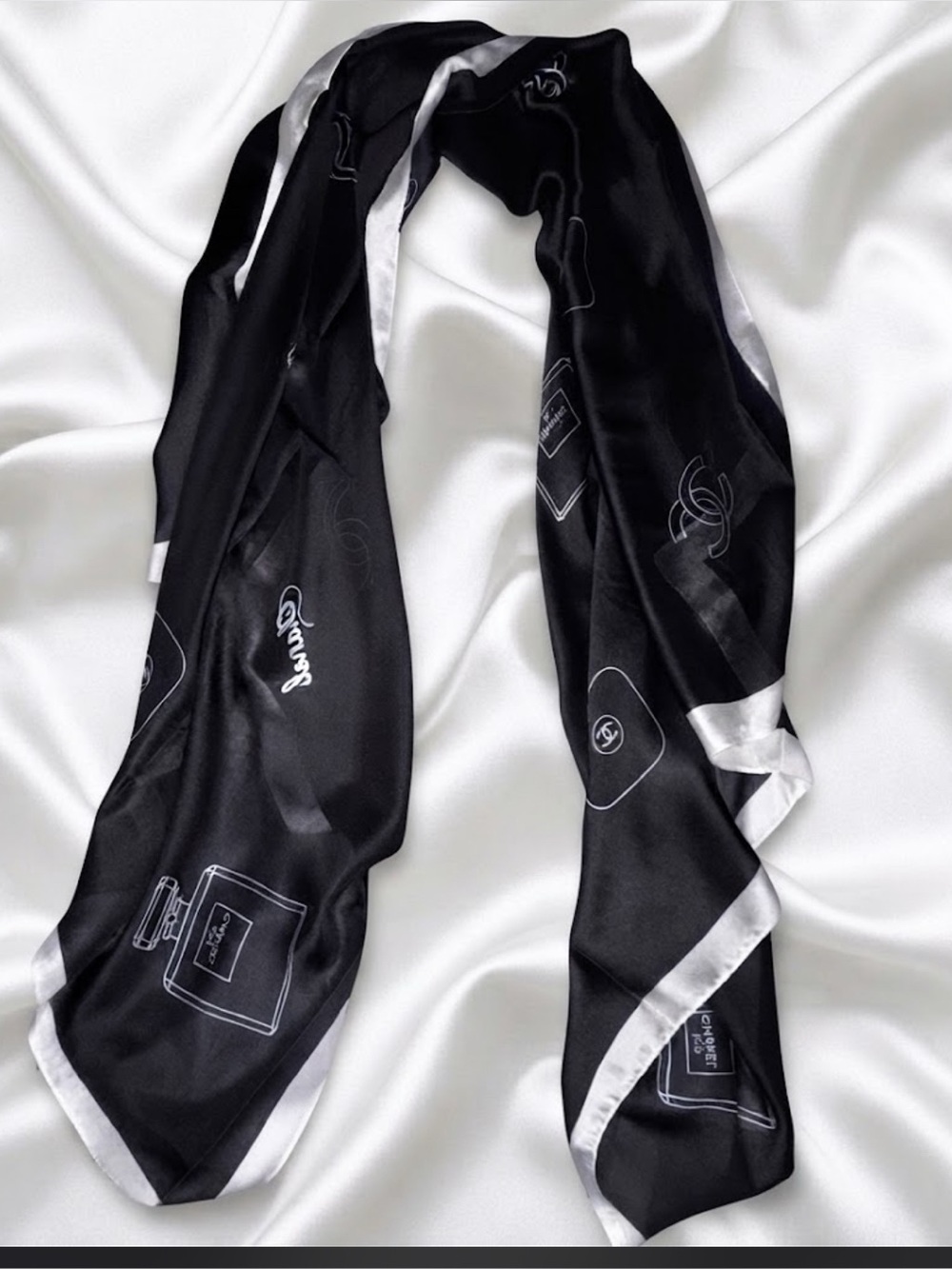 Brand New 100 % Black Silk Scarf with White Trim